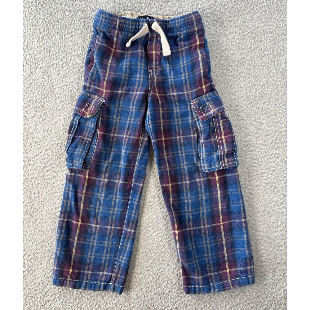 Mini Boden Cargo Pants Boys 6 Blue Plaid Tartan Flannel Elastic Waist Cotton